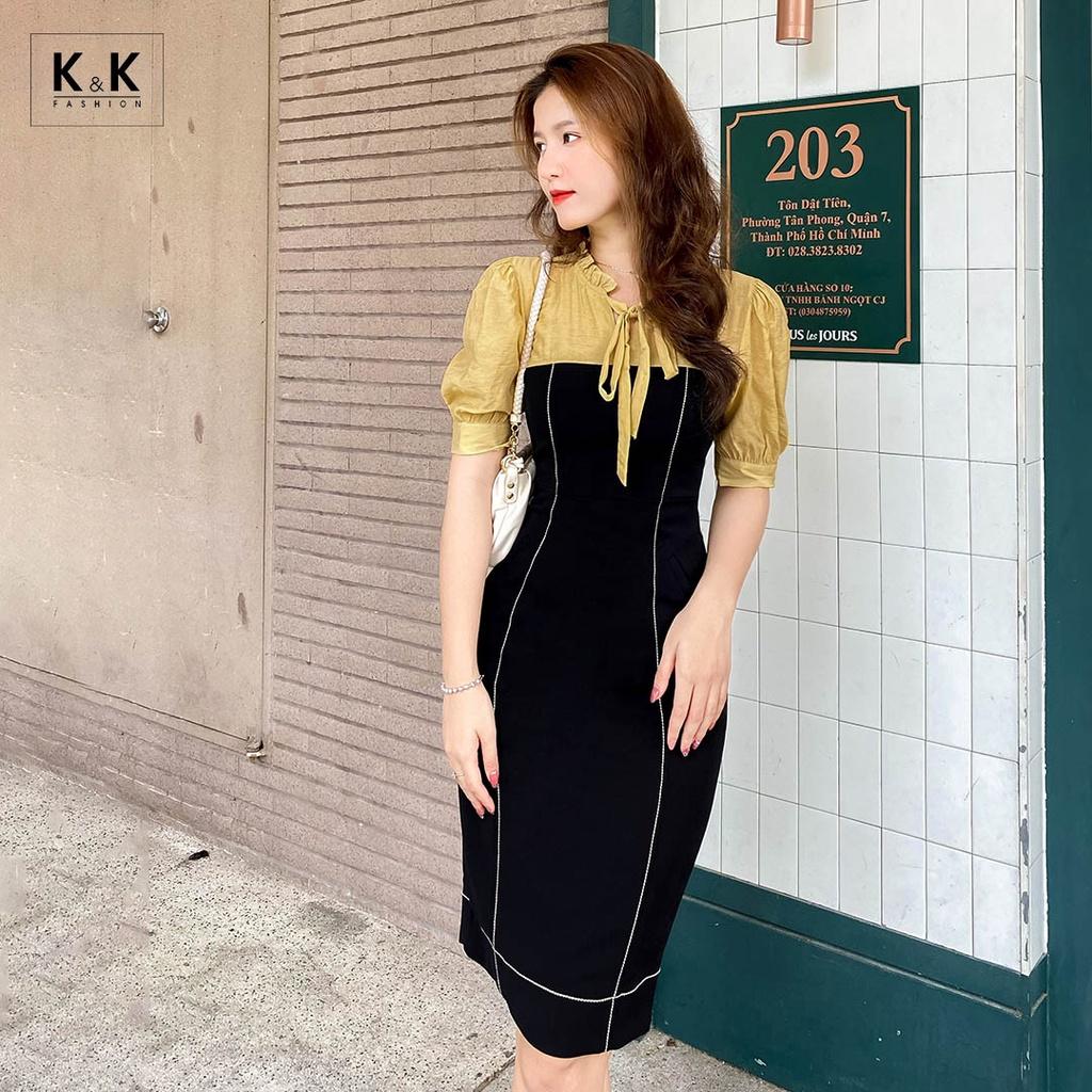 Đầm Đen Công Sở Dáng Ôm Phối Màu K&amp;K Fashion KK114-38 Chất Liệu Tuyết Mưa Phối Tơ Xốp