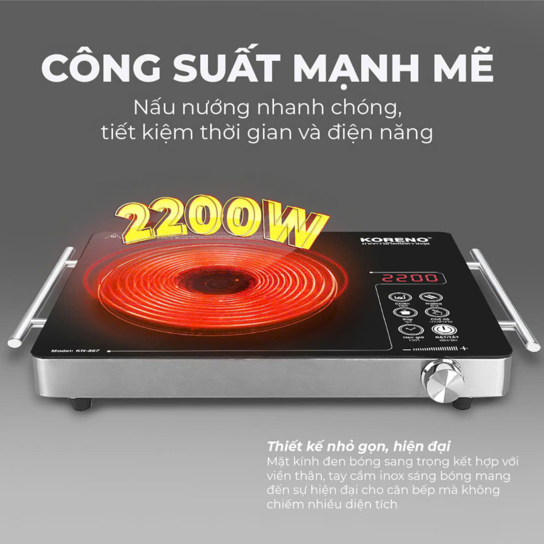 Bếp hồng ngoại Koreno Thái Lan KN-867 công suất 2200W tặng kèm vỉ nướng, bảo hành 12 tháng - Hàng chính hãng