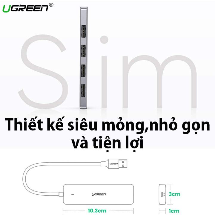 Bộ chia 4 cổng USB 3.0 Ugreen 50985 CM219, Hỗ trợ nguồn phụ USB-C 5V (NEW) Hàng chính hãng