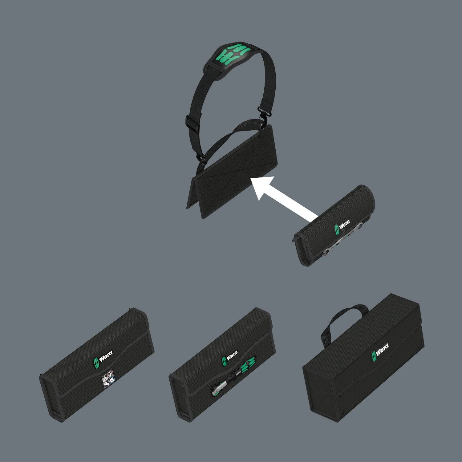 Túi đeo dụng cụ Wera 05004350001 Wera 2go 1 Tool Carrier để đeo di động các túi vải dụng cụ Wera gồm dây đeo vai có thể điều chỉnh và hệ thồng đàn móc kẹp hộp dụng