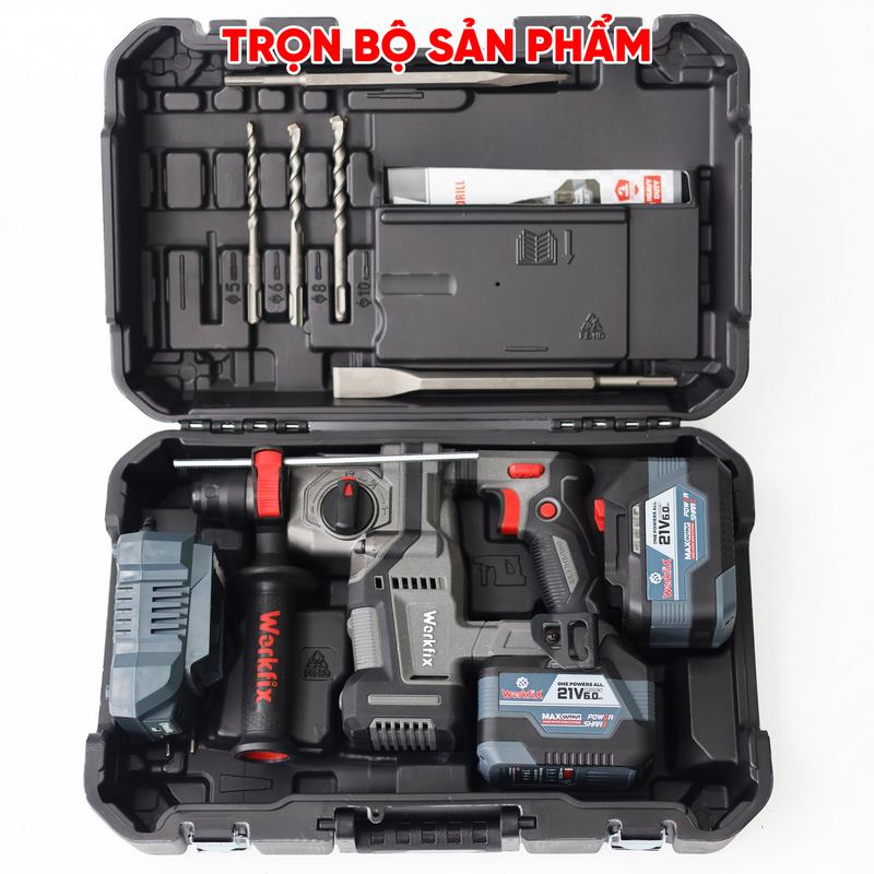 Máy Khoan Đục Bê Tông 3 Chức Năng Dùng Pin 21V Workfix - WF-RH2203PRO - MÀU XÁM - Có Anti-kickback - Chân Pin Phổ thông 2 Pin 21V/6Ah - Động Cơ Từ Lõi Đồng