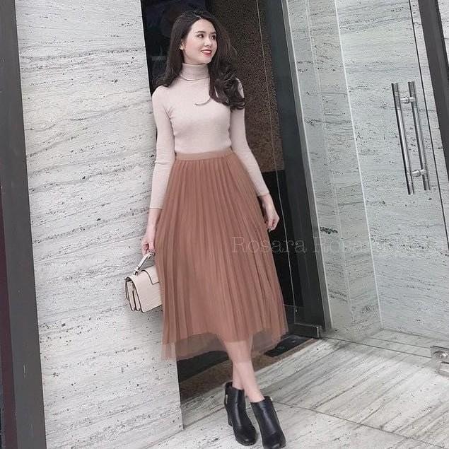 Chân váy xếp ly phối lưới sang chảnh