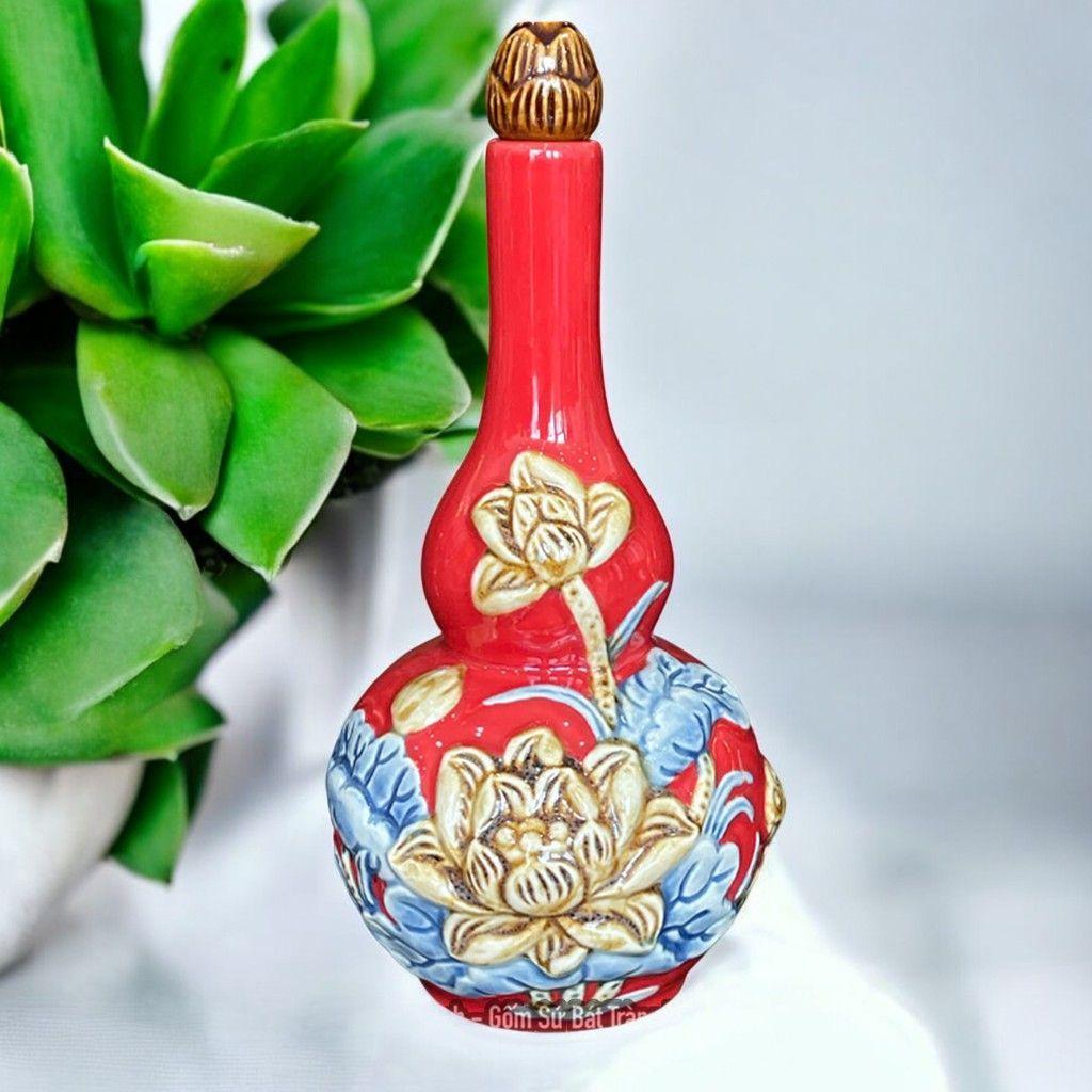 Nậm Rượu Bát Tràng Men Đỏ Cao Cấp RỒNG VIỆT – Họa Tiết Rồng, Sen, Đào Thọ, Đa Kích Thước