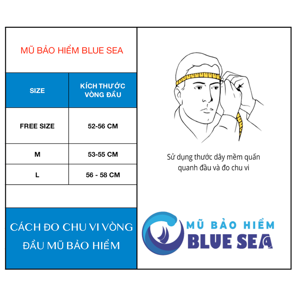 Mũ bảo hiểm 1/2 Nửa đầu BLUE SEA - A104K - FREESIZE - Nhựa ABS Nguyên sinh - Có kính cao cấp - Chính hãng