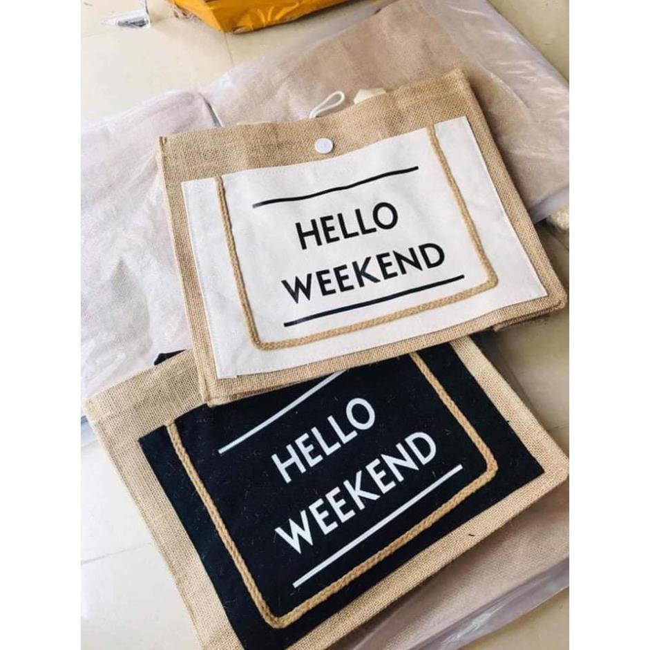 Túi cói hello weekend Phong cách Hàn Quốc