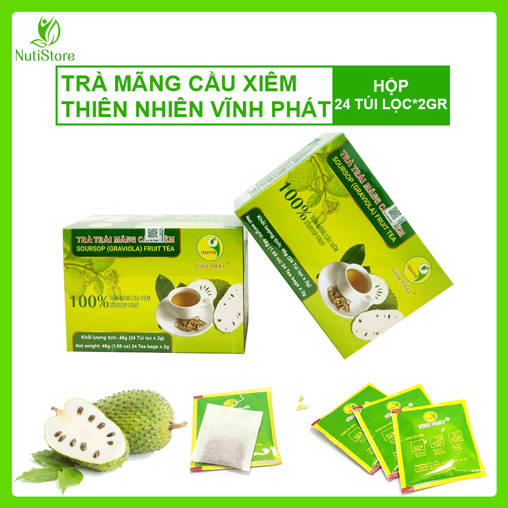 Trà Túi Lọc | Trà Mãng Cầu Xiêm Vĩnh Phát; 100% Thiên Nhiên, 100% Từ Thịt Trái Mãng Cầu Xiêm Được Trồng Hữu Cơ Tốt Cho Sức Khỏe; Có Chứng Nhận ATVSTP, HACCP, FDA...