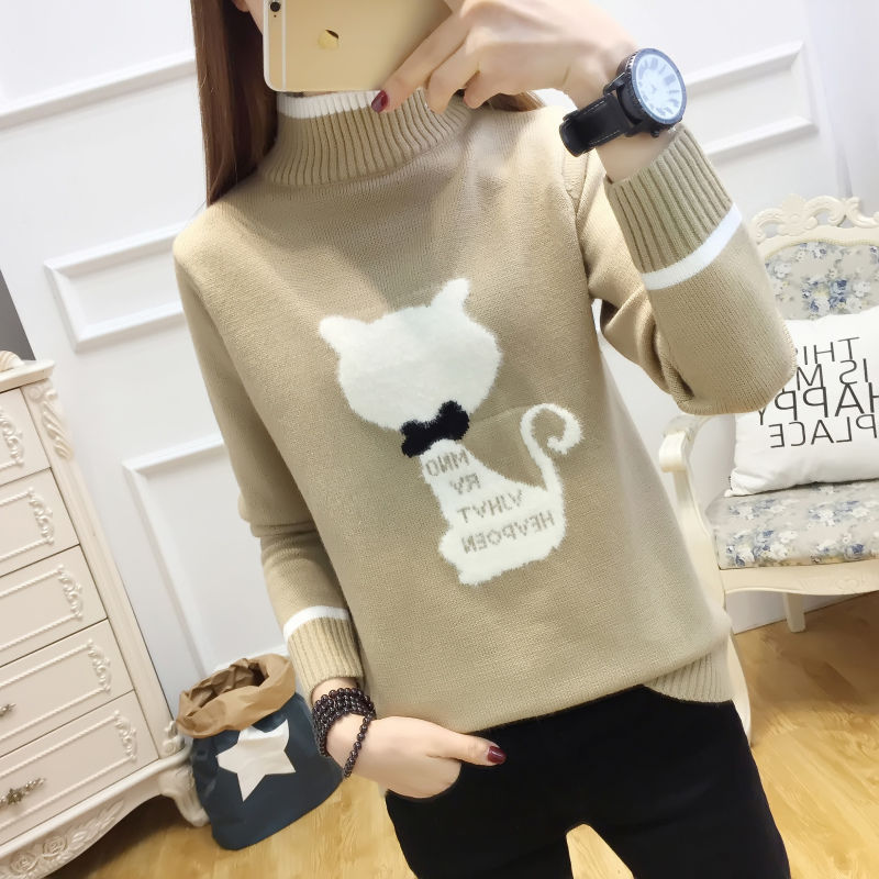 Áo len nữ dài tay cổ tròn mềm mại hoạ tiết hình mèo dễ thương phong cách Hàn Quốc