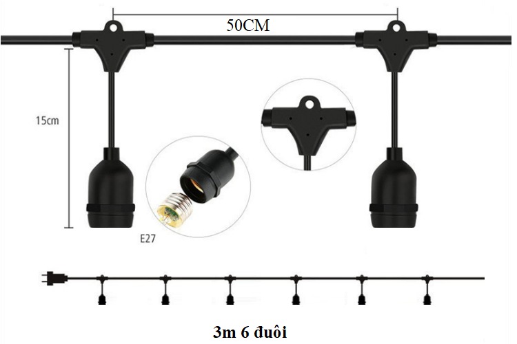 Dây đui đèn kín nước trang trí ngoài trời 3 mét 6 đui E27