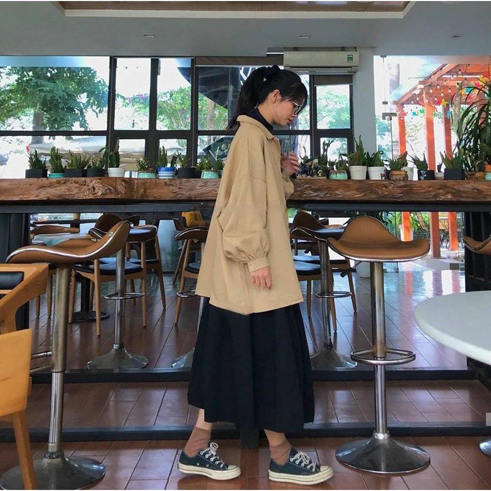 Áo Khoác Unisex KaKi Dáng Dài, Cúc Cài, Tay Trơn Phồng