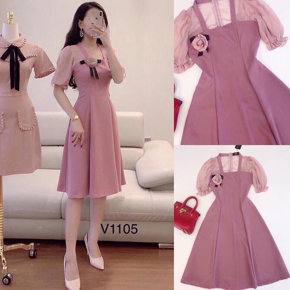 Đầm xòe tiểu thư phối voan kèm bông / có size XXL