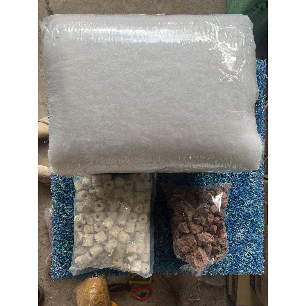 Combo Vật Liệu Lọc Nước Hồ Cá : Bông Lọc - Sứ Trắng - Nham Thạch