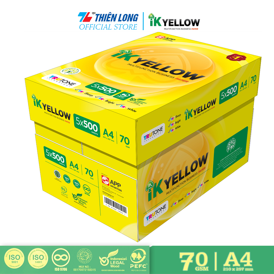 Ream giấy IK Yellow đa năng A4 70 gsm (500 tờ) - Hàng nhập khẩu Indonesia