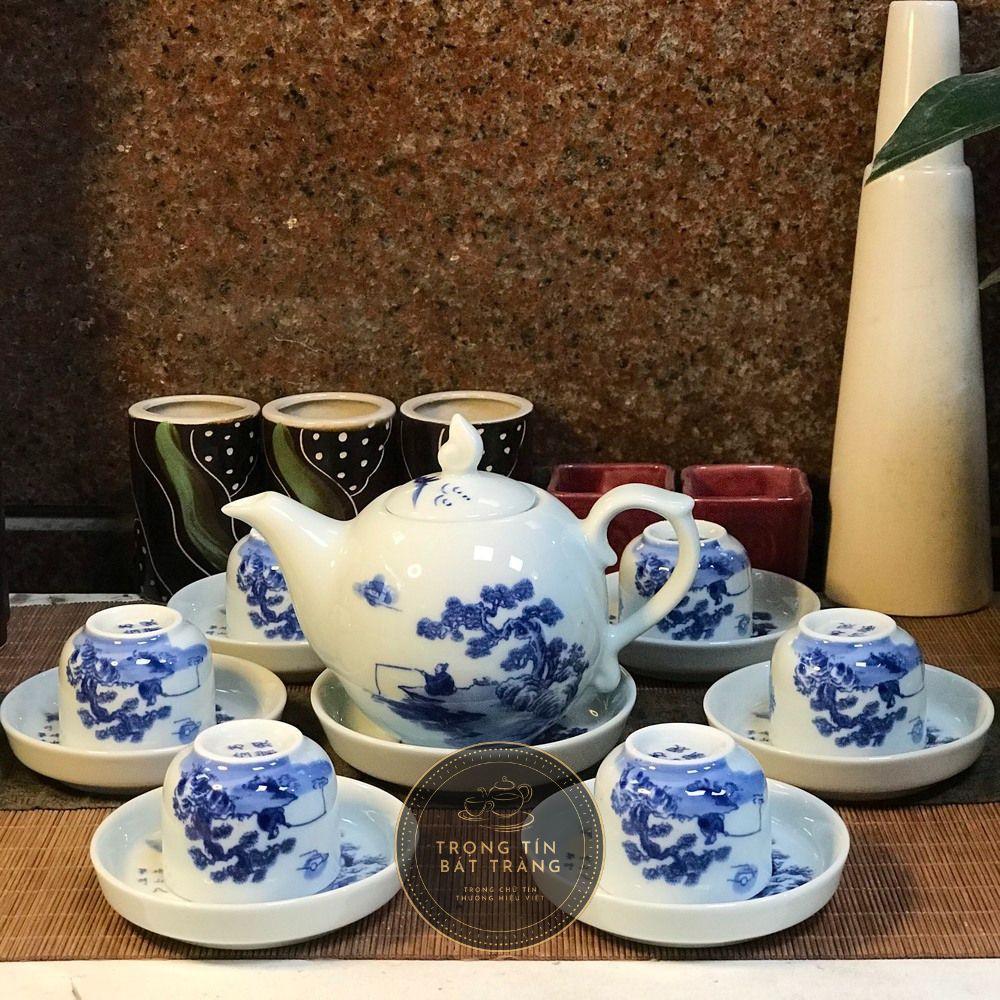 Bộ Ấm Chén Trà Đạo Gốm Trắng Men Lam Bát Tràng Lã Vọng Câu Cá Dáng Thủy Bình Dung Tích 400ml ATA 15