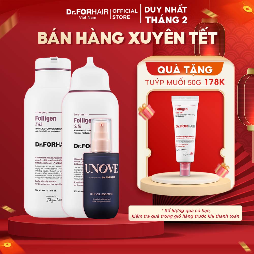 Combo gội xả dưỡng phục hồi tóc hư tổn khô xơ uốn nhuộm Dr.FORHAIR Folligen Silk Shampoo 300ml x Folligen Silk Treatment 300ml x Unove Silk Oil Essence 70ml