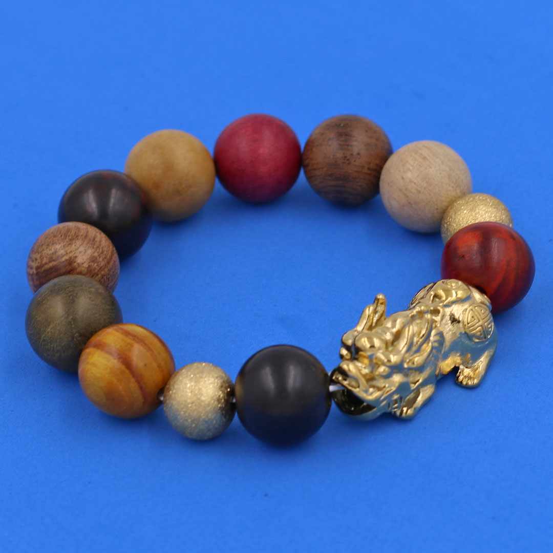 Vòng chuỗi đeo tay gỗ đàn hương 8 màu 15 ly  charm tỳ hưu và bi inox, vòng tay chuỗi hạt