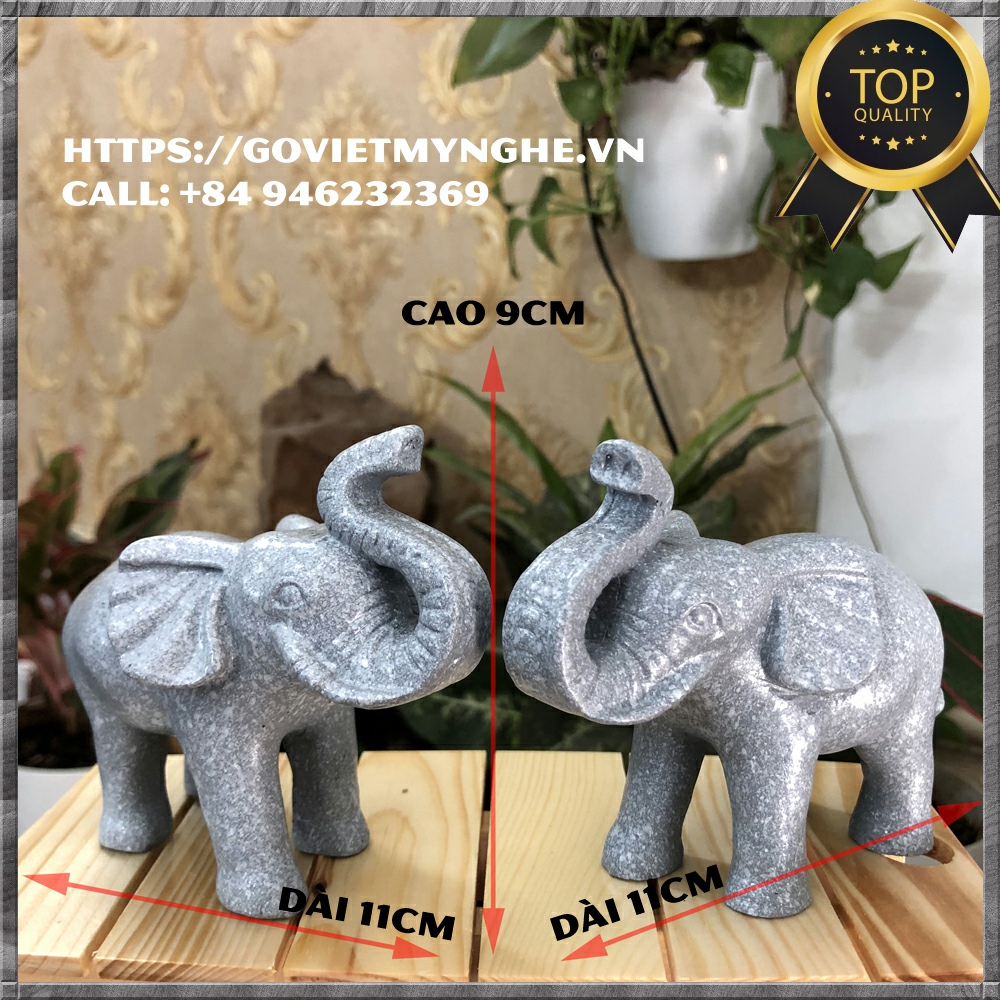 Cặp 2 tượng con voi đá trang trí phong thủy bàn làm việc mang may mắn cát tường cho gia chủ- Cao 9cm- Màu xám