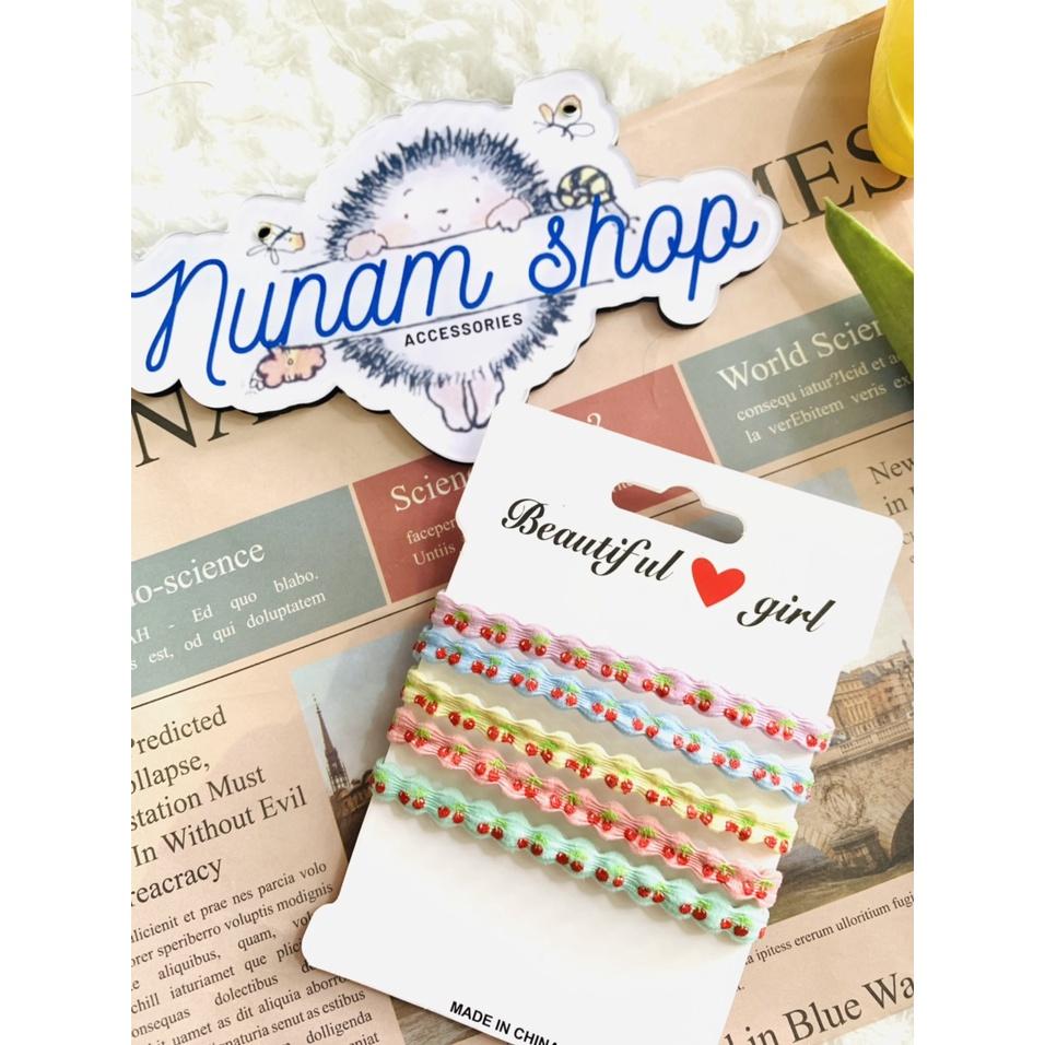 Set 5 - Thun buộc tóc gợn sóng thêu quả cherry đủ màu siêu bền - Nunam shop