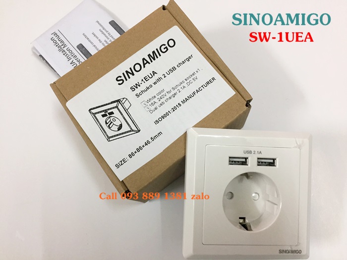 Ổ cắm điện Schuko có 2 cổng USB 5V-2.1A Sinoamigo SW-1EUA chính hãng