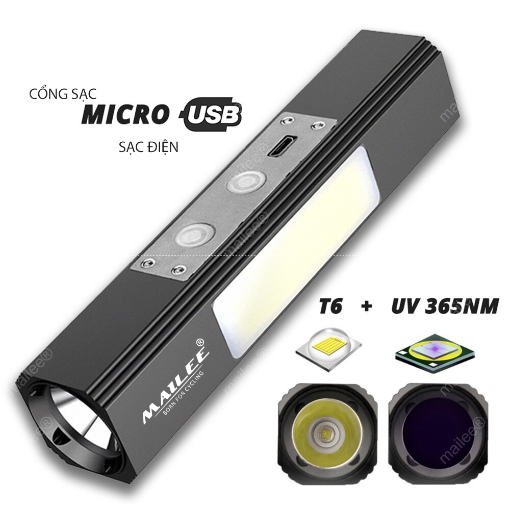 Đèn pin 3 in 1 Led T6 kết hợp đèn UV tím UV365nm và COB D66 1800mAh có nam châm hút treo Mai Lee