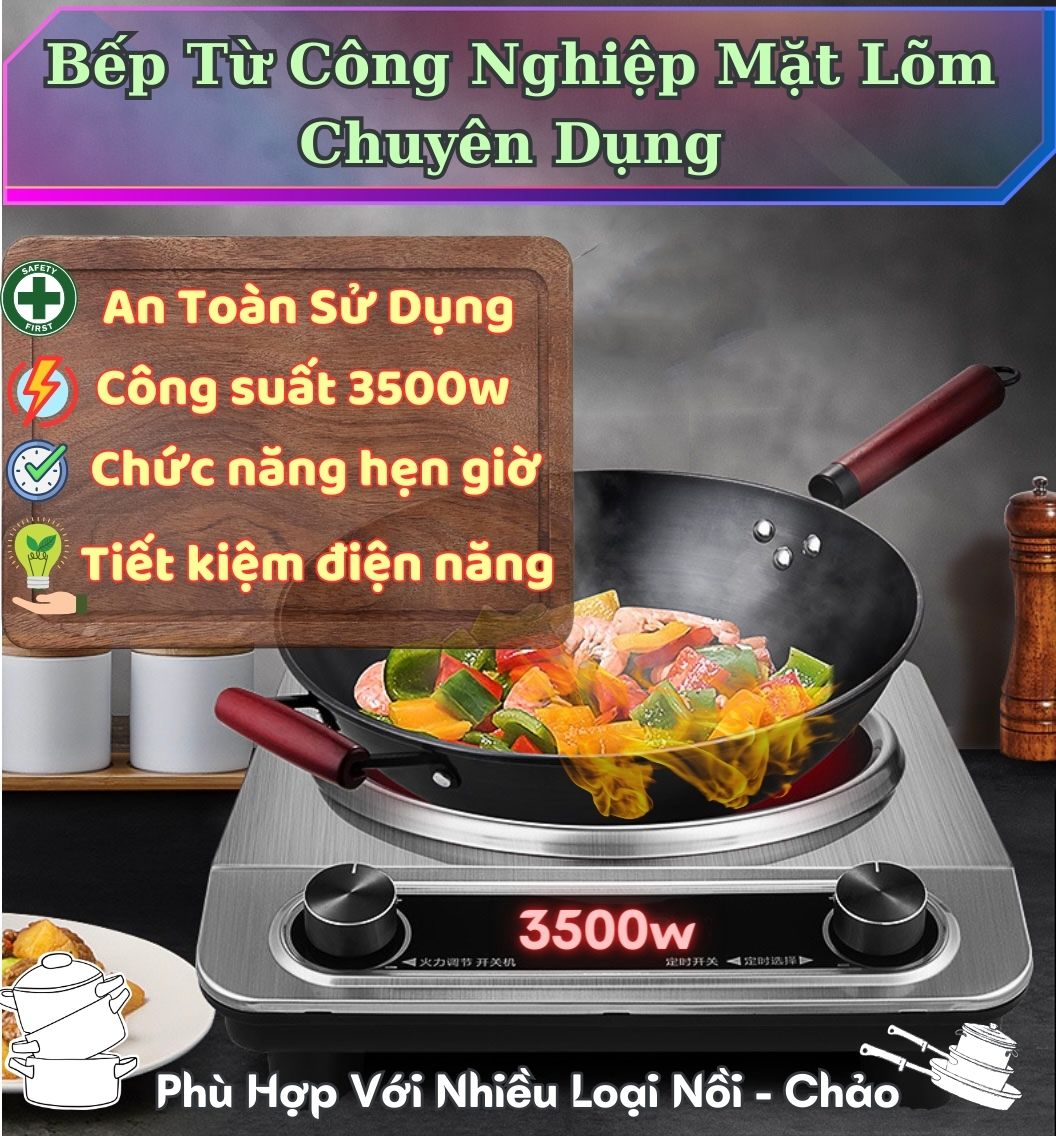 Bếp Từ Công Nghiệp Siêu Bền, Bếp Điện Từ Đơn Công Suất Lớn 3500w, Mặt Lõm Truyền Nhiệt Tốt Làm Nóng Nhanh Gấp Đôi, Chống Nước Tuyệt Đối, 10 Chế Độ Nấu, Có Hẹn Giờ, Tiết Kiệm