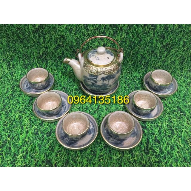 Bộ ấm chén MEN RẠN GIẢ CỔ BỌC ĐỒNG gốm sứ Bát Tràng