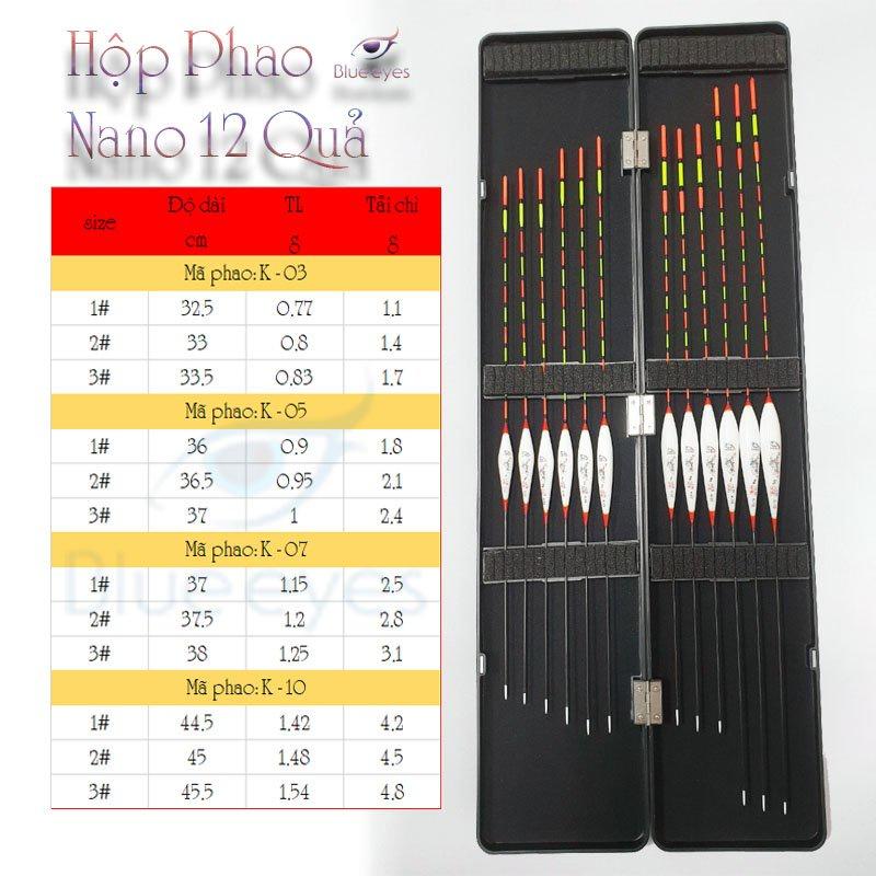 Hộp phao câu đài Nano 12 quả Blue eyes đầy đủ thông số, nhạy cá tín hiệu chuẩn PK16