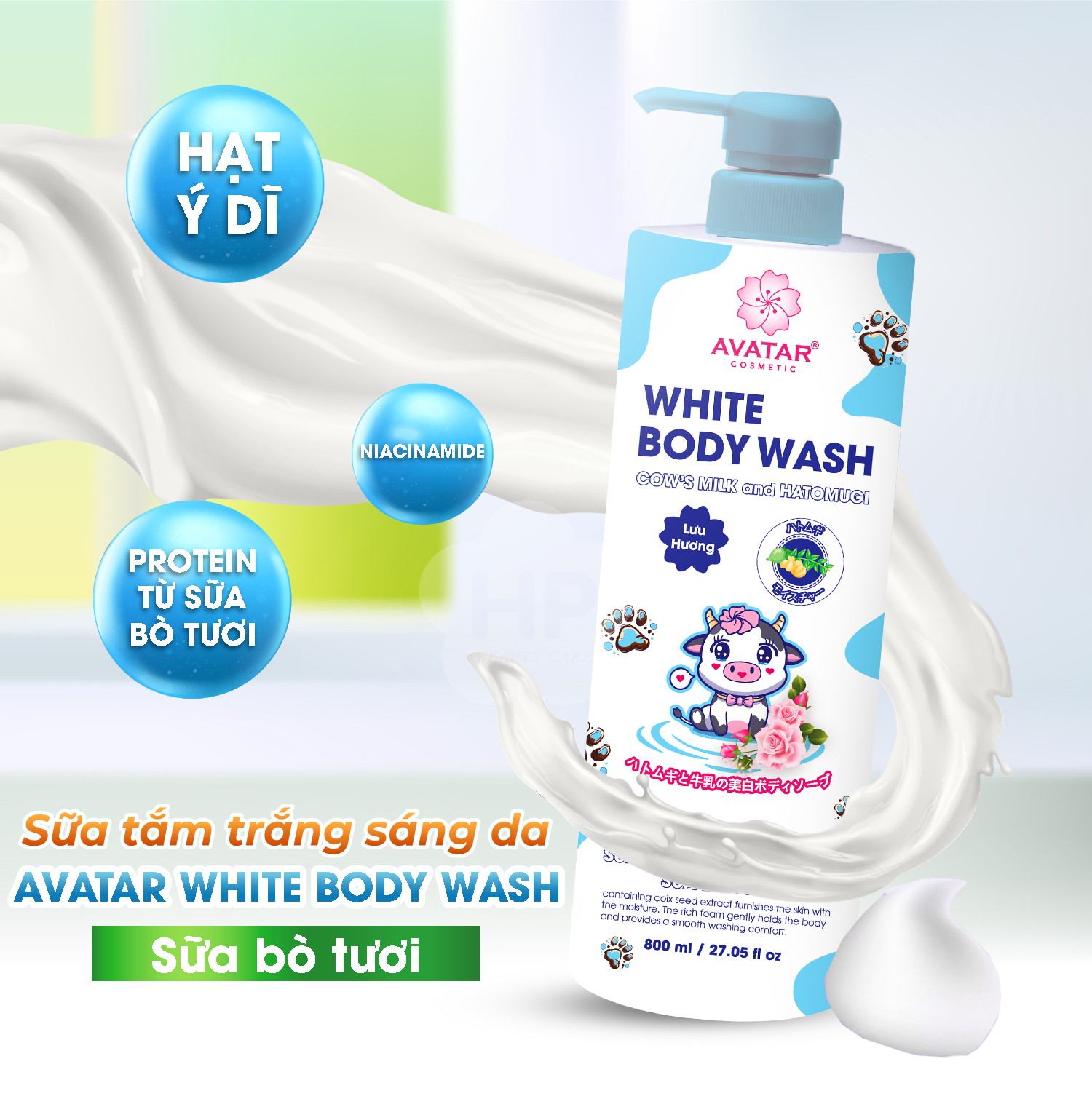 Sữa Tắm Trắng Sáng Da Sữa Bò Tươi Avatar White Body Wash 800ml