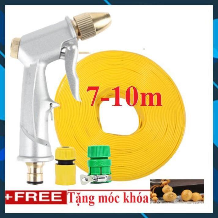 Vòi Xịt️ Bộ dây vòi xịt nước rửa xe, tưới cây , tăng áp 3 lần, loại 7m,10m 206701 đầu đồng,cút,+ móc khoá