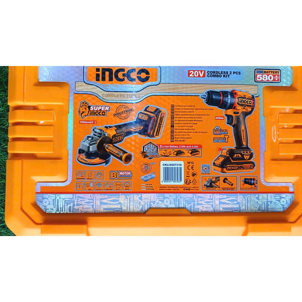BỘ COMBO MÁY MÀI GÓC (CAGLI21104) &amp; MÁY KHOAN BÚA (CIDLI206681) DÙNG PIN 20V INGCO CKLI2027310 - HÀNG CHÍNH HÃNG