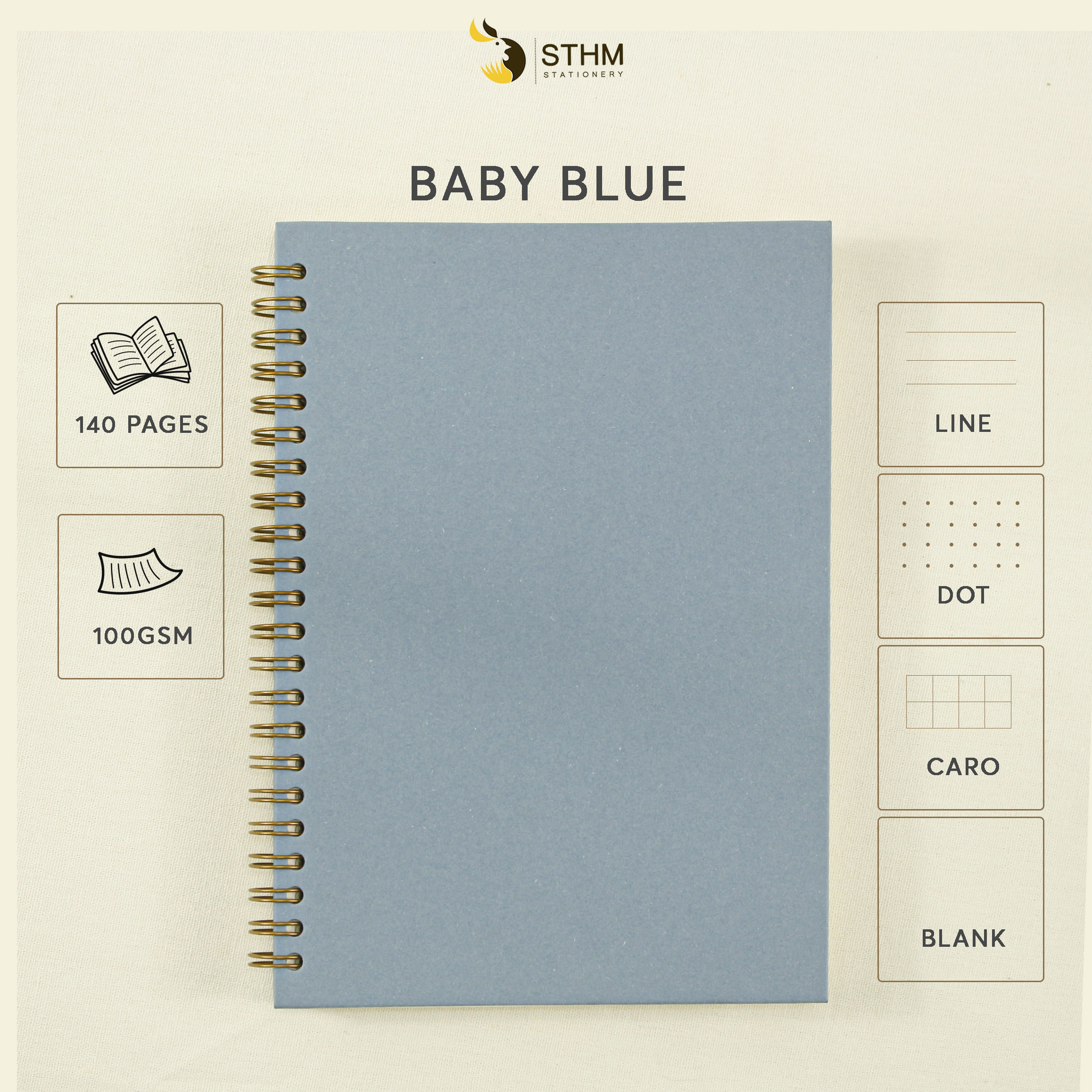 Sổ bìa trơn - BABY BLUE - Giấy mỹ thuật - A5 - Ruột kem 100gsm nhiều loại - STHM stationery