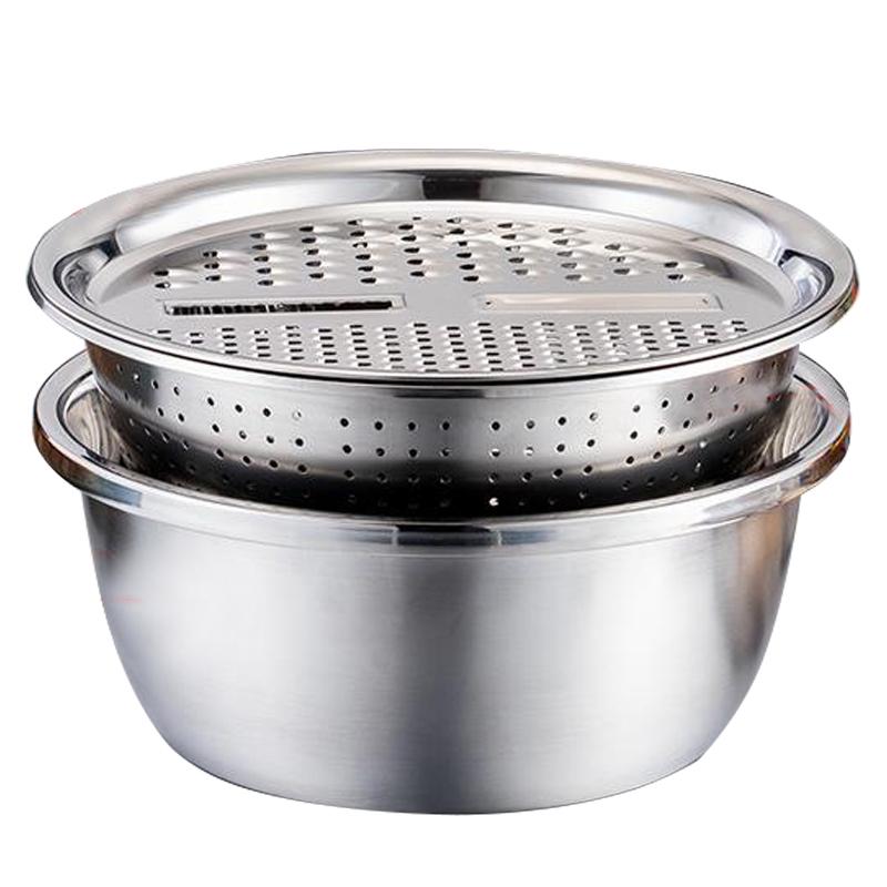 3 in 1 Kitchen Basin Grater Multipurpose Colander Slicer Cutter Shredder With Lid Stainless Steel Slicer