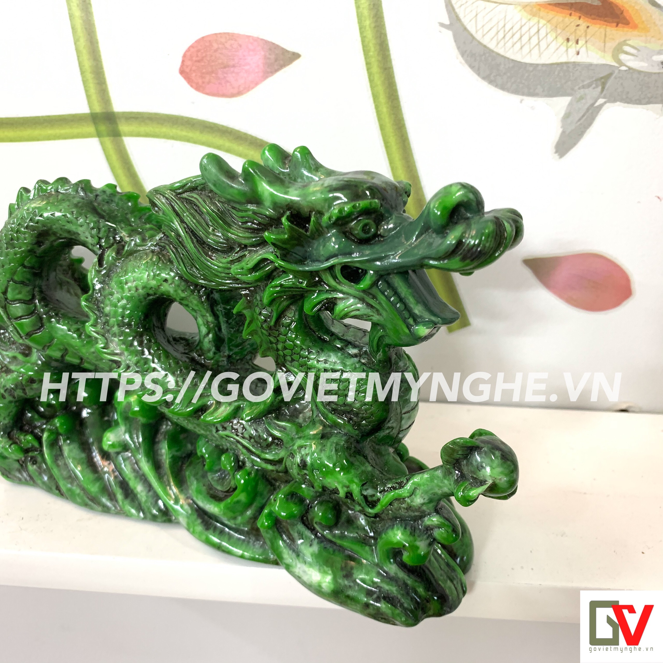 Tượng đá trang trí Thanh Long phong thủy - Tượng đá con rồng trưng bày phong thủy - Xanh Lục Bích - Dài 26cm