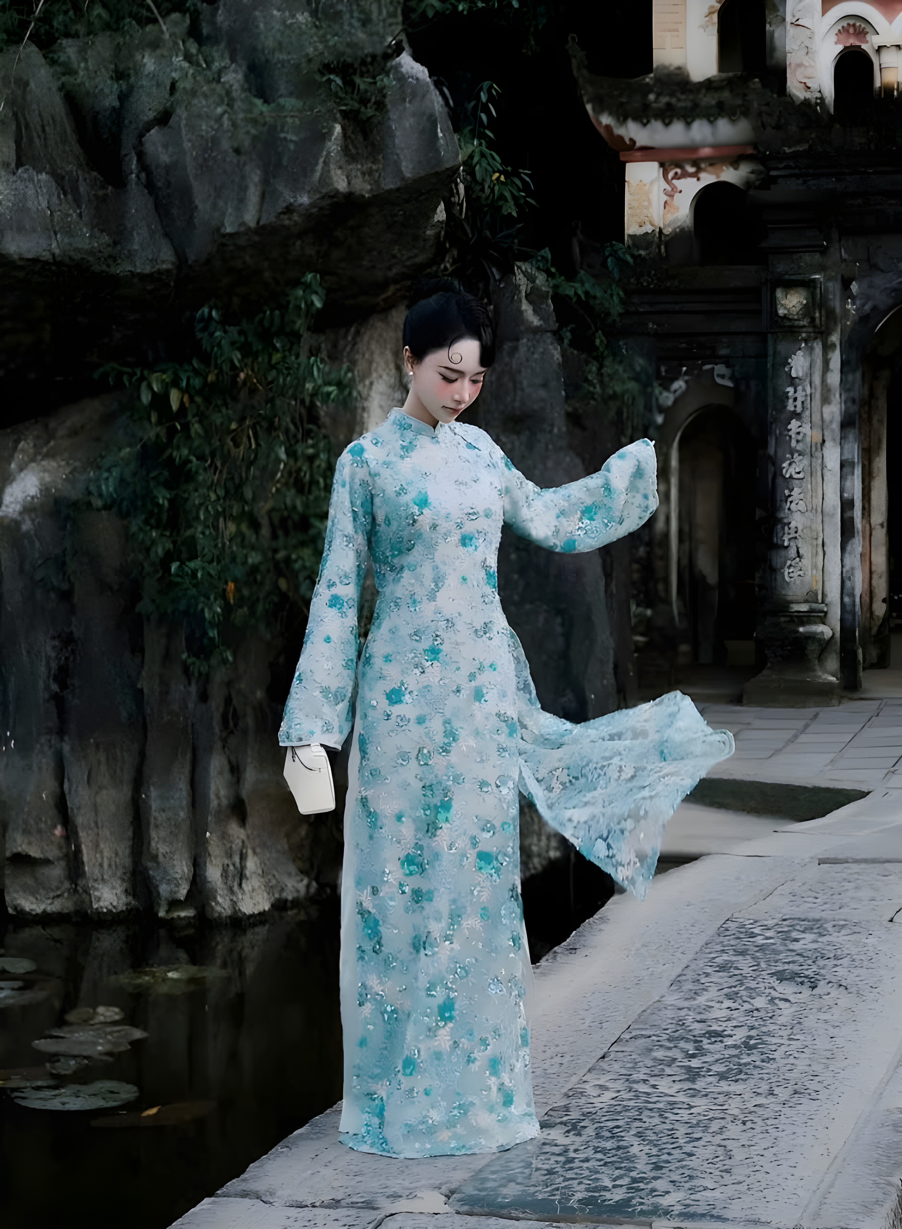 SET ÁO DÀI NỮ CÁCH TÂN KIM SA HOA NHÍ – MÀU XANH DƯƠNG THANH LỊCH