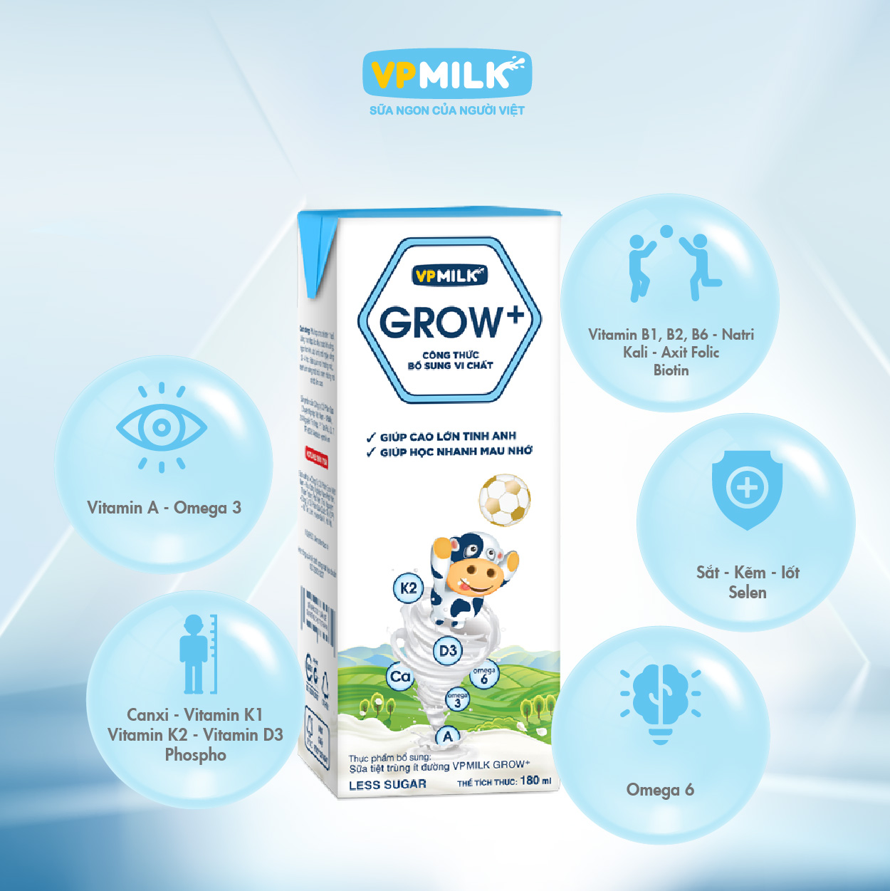 Sữa Tiệt Trùng Ít Đường VPMilk Grow+ Hộp 180ml (Thùng 48 Hộp)