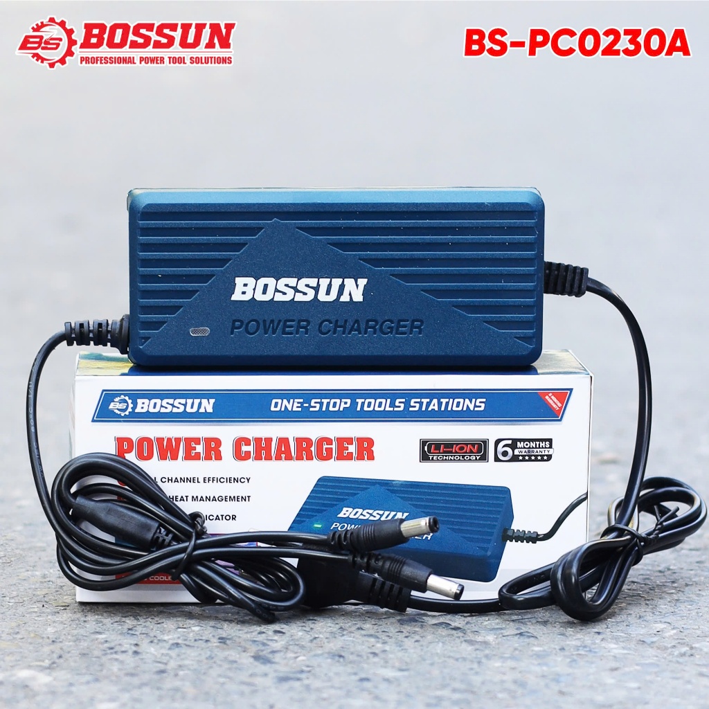Sạc Nhanh Adapter 3A BOSSUN BS-PC0230A - Sạc 2 Pin Cùng Lúc Cho Pin Máy Khoan, Máy Bulong Pin Mạch Có Quạt Tản Nhiệt