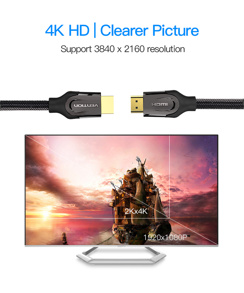 Cáp HDMI 2.0 bọc lưới cao cấp Vention, hỗ trợ 2k, 4k 60Hz - Hàng chính hãng Vention