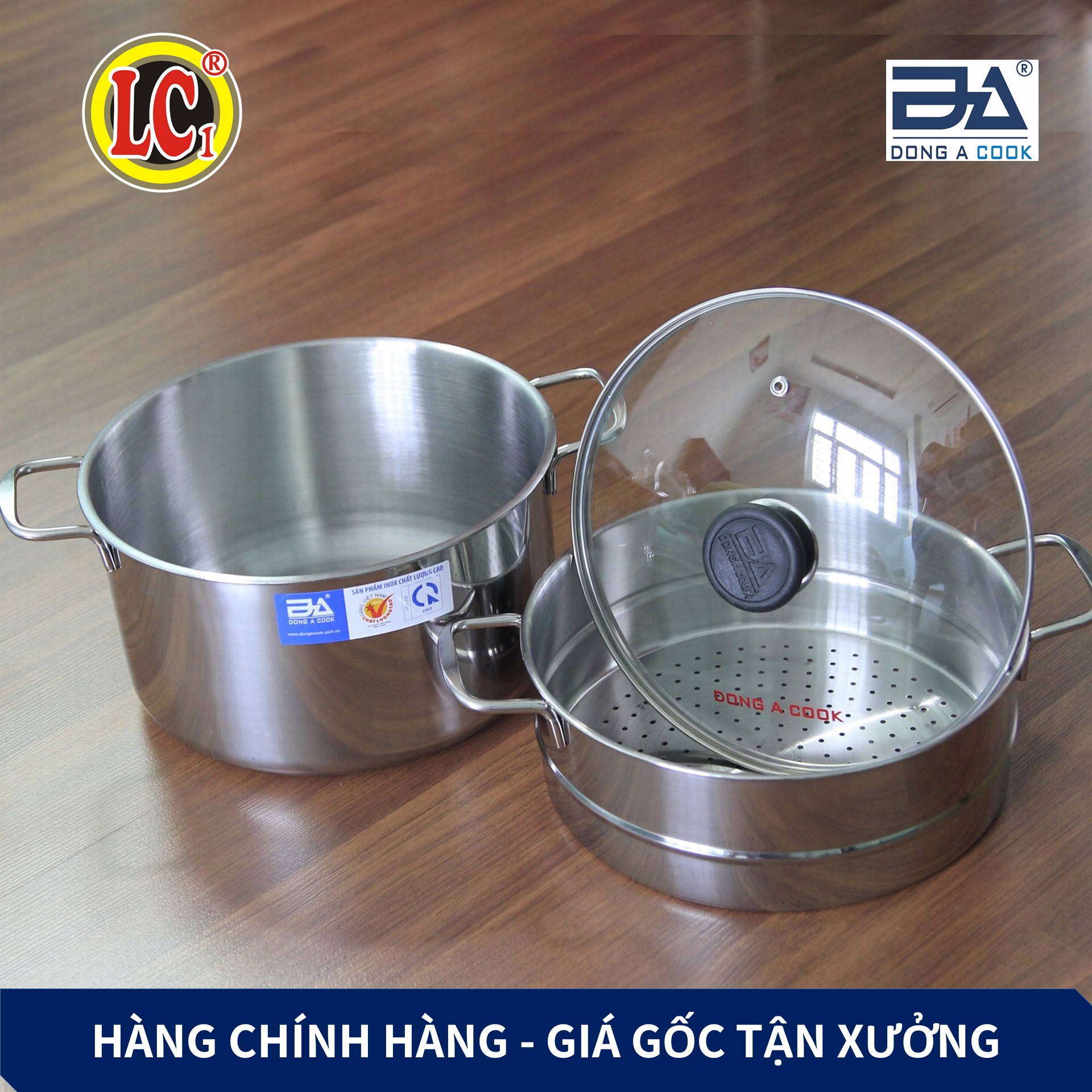 Bộ Nồi xửng hấp gà nấu xôi Inox Đông Á đáy từ cao cấp - Dùng được bếp từ - Hàng Chính Hãng