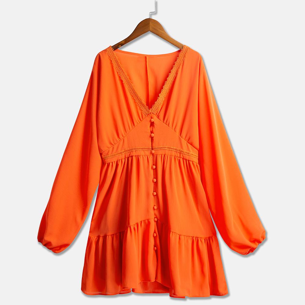 Women Ruffles Dress Button Deep V Neck Long Batwing Sleeves High Waist Boho Holiday Beach Casual Mini Dress
