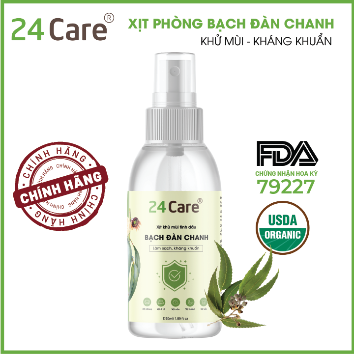 Xịt Phòng Tinh Dầu Bạch Đàn Chanh Hữu Cơ Organic 24Care 50ML/100ML - Kháng khuẩn - Khử mùi hôi - Đuổi muỗi, côn trùng - Hương thơm mạnh mẽ giúp tái tạo năng lượng nhanh, giảm stress hiệu quả