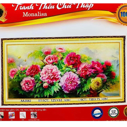 Tranh thêu chữ thập hoa mẫu đơn 9CT - AA2082 - kích thước 150 * 75