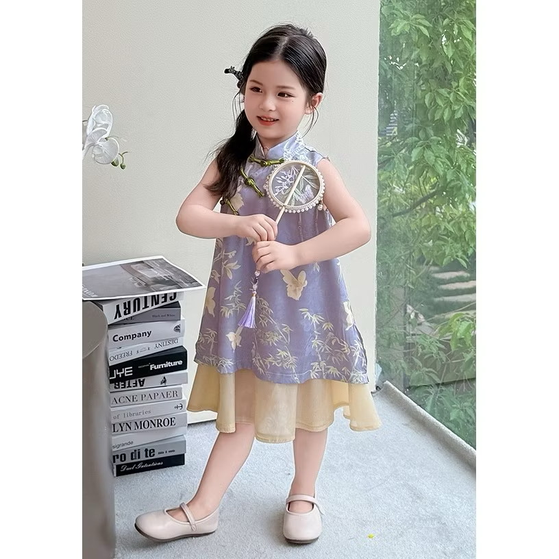 Váy Cách Tân Cổ Tàu Dáng Suông Họa Tiết Bướm Tím 1-8 Tuổi Dành Cho Bé Gái