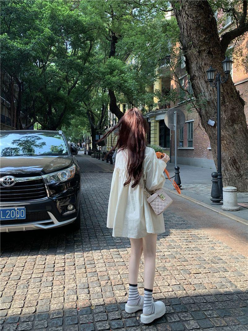 SHUANGYAN 2023 Pháp Vintage ren-up bong bóng tay áo đầm mùa xuân và mùa thu nữ dài tay áo lỏng lẻo váy ngắn ẩm ướt