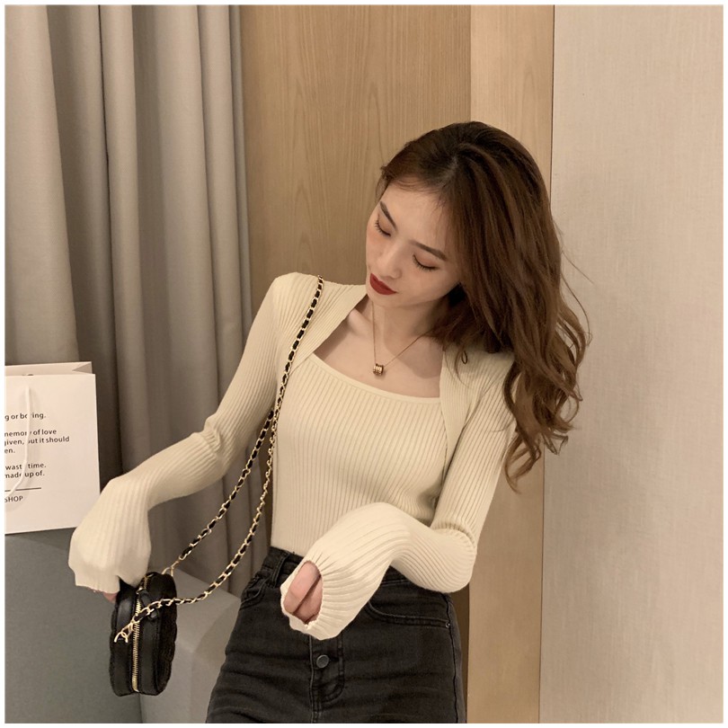 Áo Dài Tay Nữ Vải Cotton Tăm Cổ Chữ U Cách Điệu Ulzzang JD28