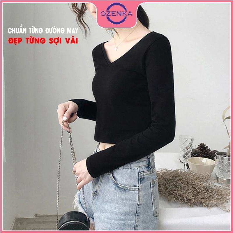 Áo croptop tay dài cổ V ôm body , ao crt mặc đi học đi chơi đẹp thun gân 100% cotton màu đen trắng free size