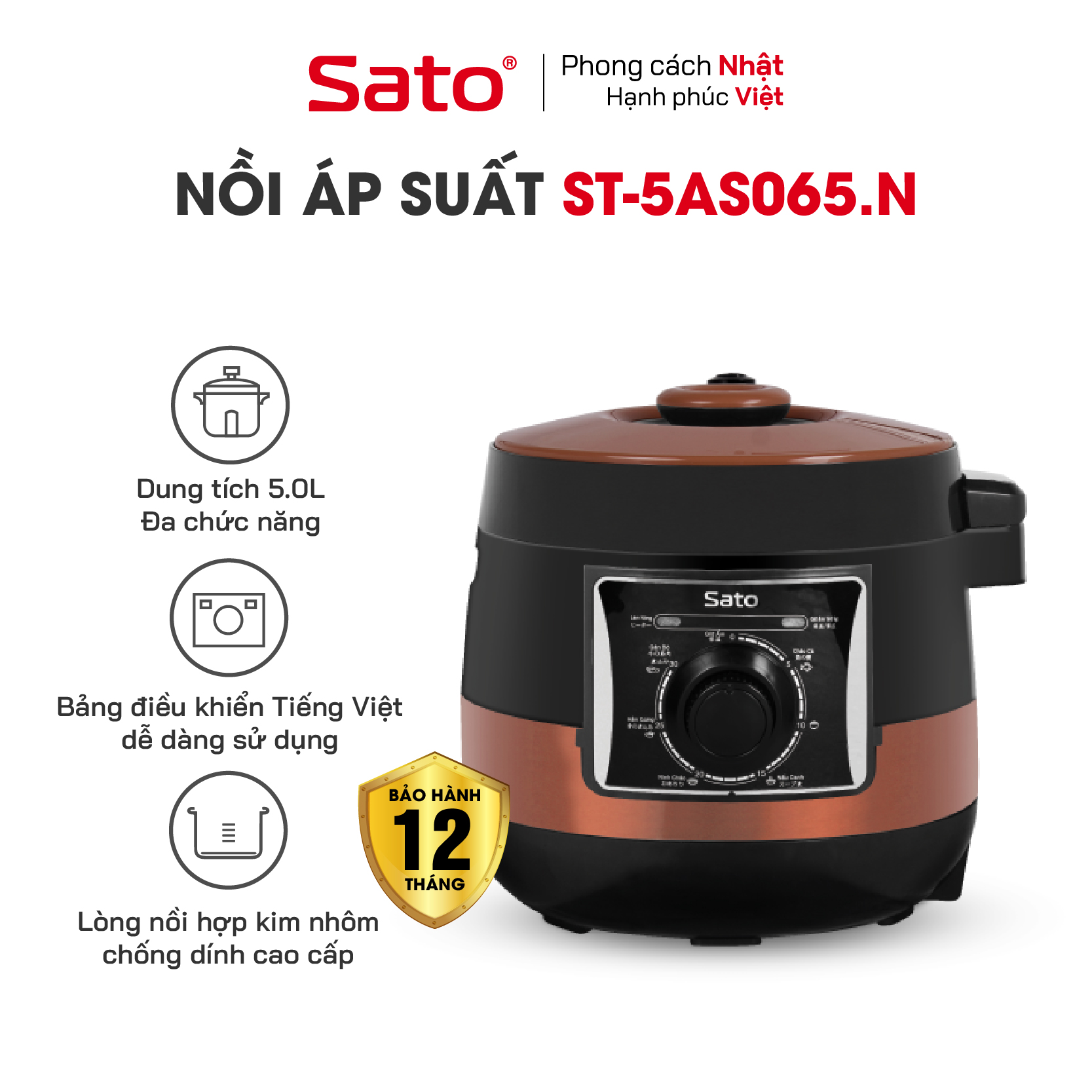 Nồi áp suất đa năng SATO 5AS065.N 5.0L - Nồi áp suất đa chức năng : nấu cơm, nấu cháo, hầm gân, ninh, súp, hấp, giữ ấm ...- Miễn phí vận chuyển toàn quốc - Hàng chính hãng