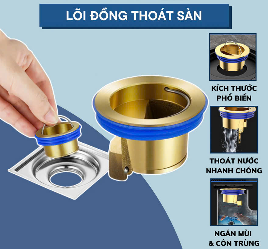 Phụ kiện ngăn mùi hôi nhà tắm lắp thoát sàn chống côn trùng bằng đồng kt 3.3cm đến 4.2cm