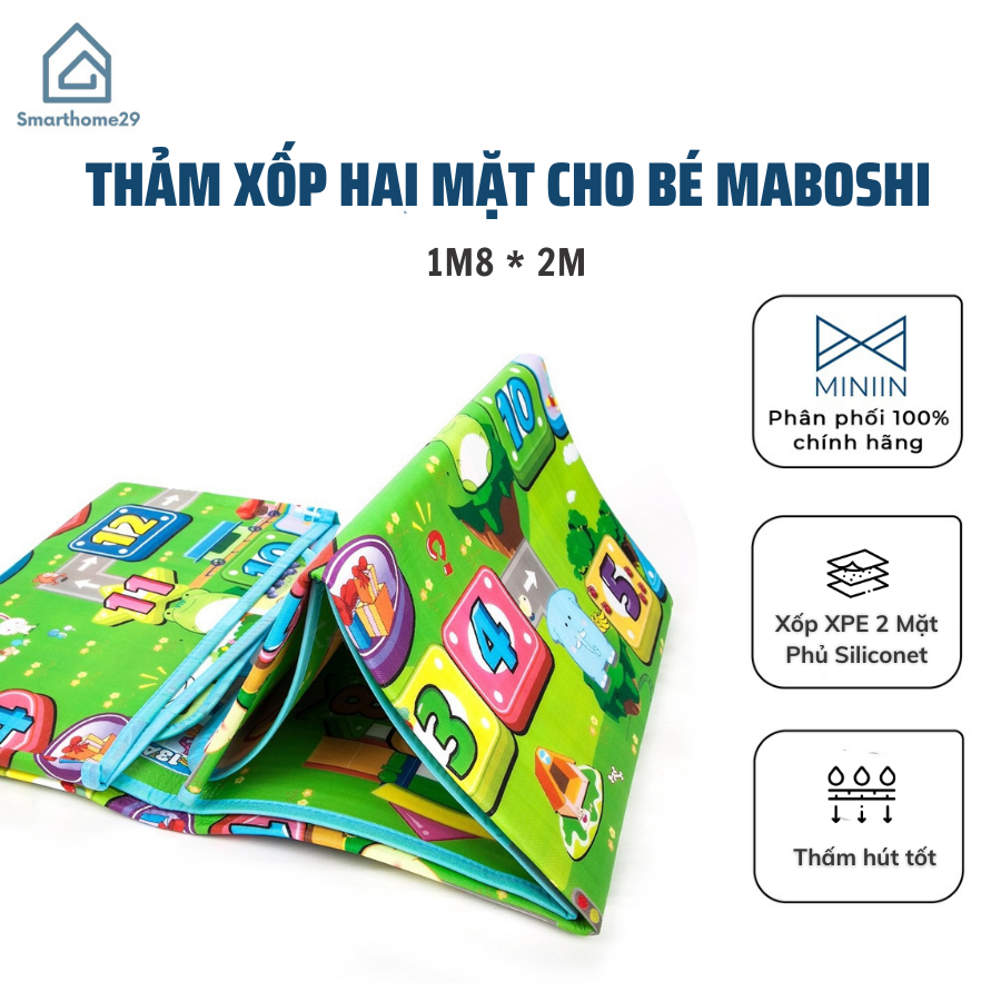 Thảm xốp Maboshi MINIIN cao cấp, Thảm 2 mặt cho bé vừa học vừa chơi (1m8 x 2m) - Giao mẫu ngẫu nhiên