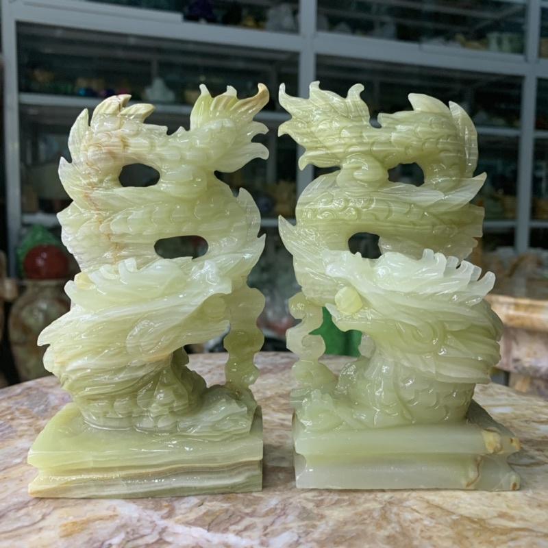 Cặp Rồng Phun Châu Ngậm Ngọc Đá Ngọc Thiên Nhiên - cao 15cm