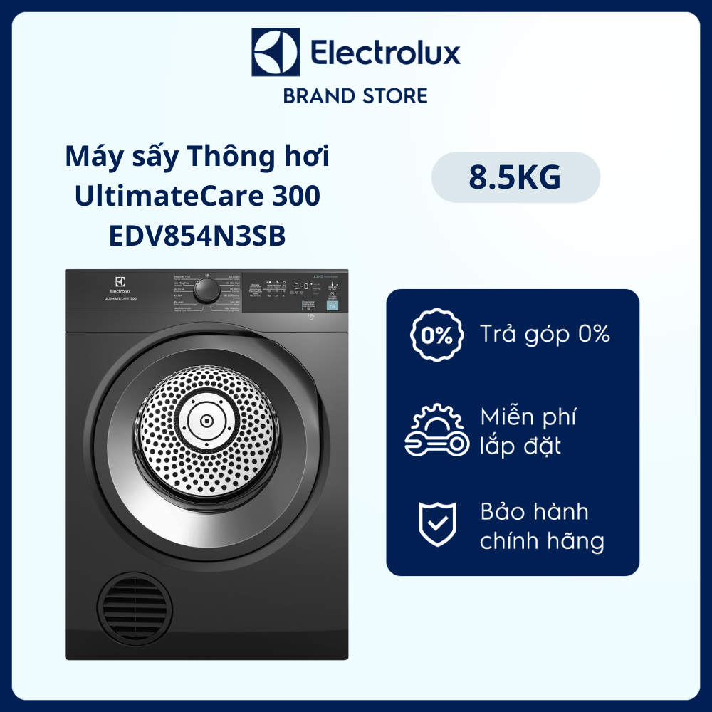 Máy sấy thông hơi Electrolux 8.5kg UltimateCare 300 - EDV854N3SB - Lồng giặt chuyển động luân phiên, giảm nhăn, giảm phai màu, tính năng khóa trẻ em [Hàng chính hãng]