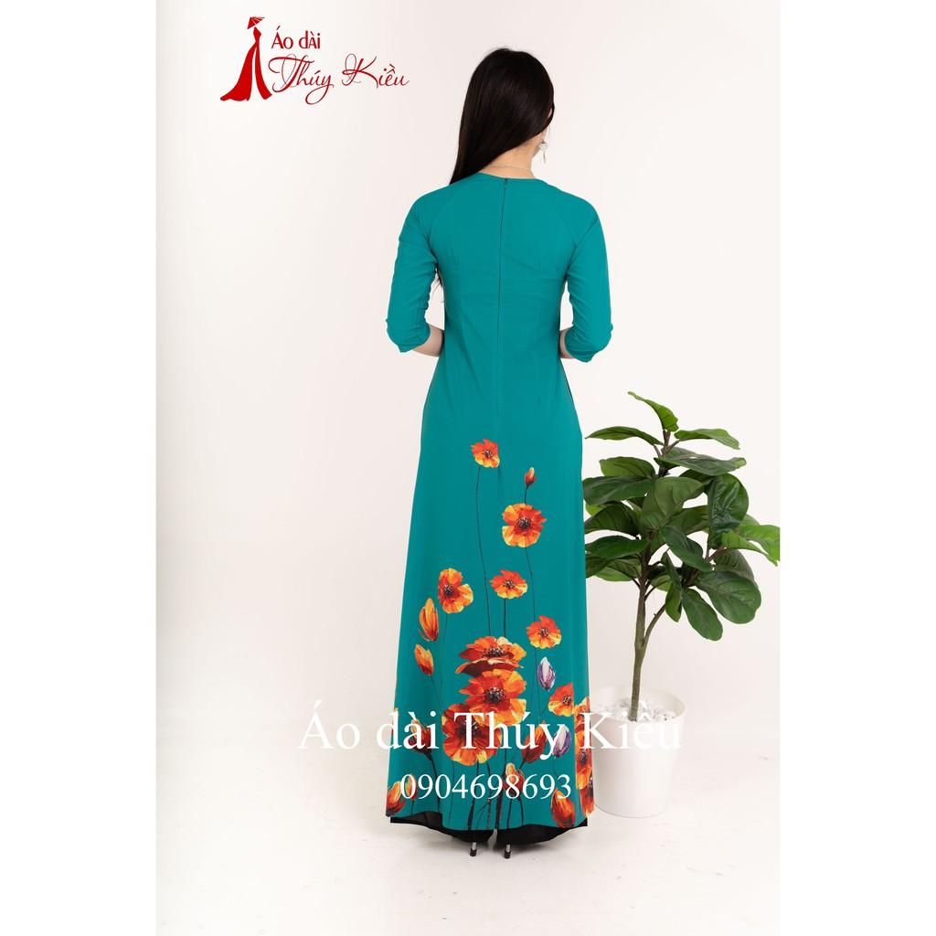 Áo dài Thúy Kiều in 3D lụa Nhật xanh cổ vịt hoa dây cam k54
